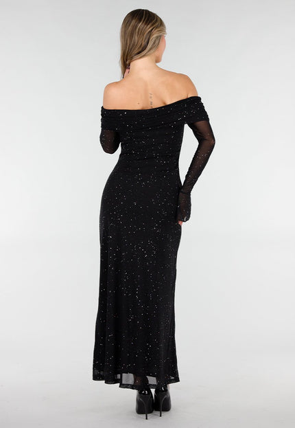 Zwarte Off Shoulder Glitter Stretch Jurk