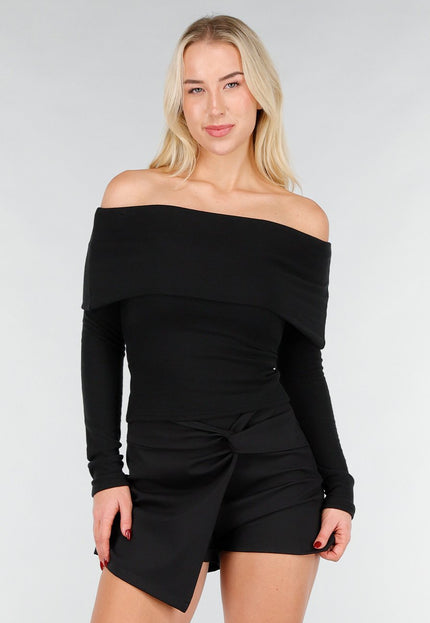 NEW031225 Zwarte Off Shoulder Stretch Top