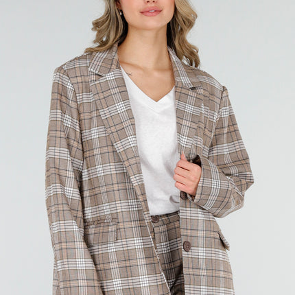 NEW040226 Beige Geruite Blazer met Schoudervullingen