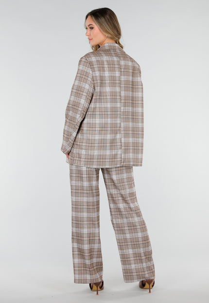 NEW040226 Beige Geruite Blazer met Schoudervullingen