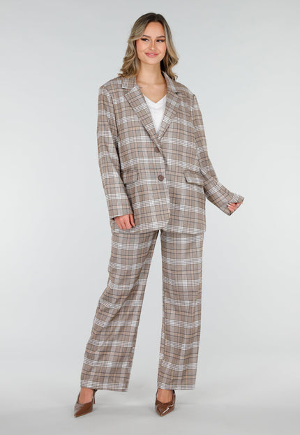 NEW040226 Beige Geruite Blazer met Schoudervullingen