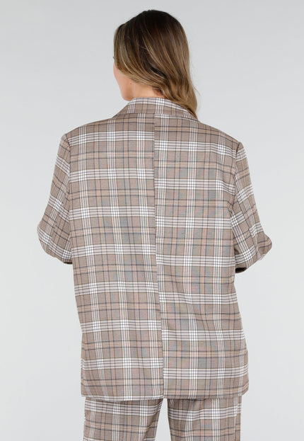 NEW040226 Beige Geruite Blazer met Schoudervullingen