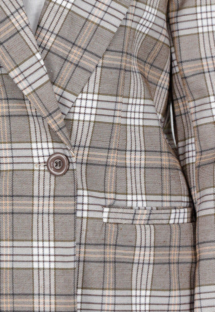 NEW040226 Beige Geruite Blazer met Schoudervullingen