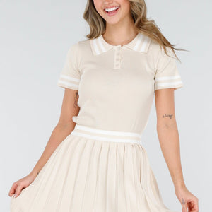 NEW040226 Beige Set met Polo Top en Plissé Rok