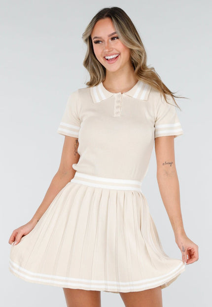 NEW040226 Beige Set met Polo Top en Plissé Rok