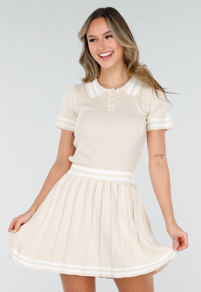 NEW040226 Beige Set met Polo Top en Plissé Rok