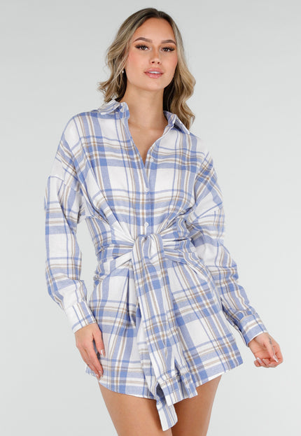 NEW040226 Blauw Geruite Blouse Jurk