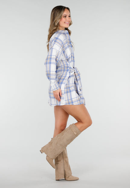 NEW040226 Blauw Geruite Blouse Jurk