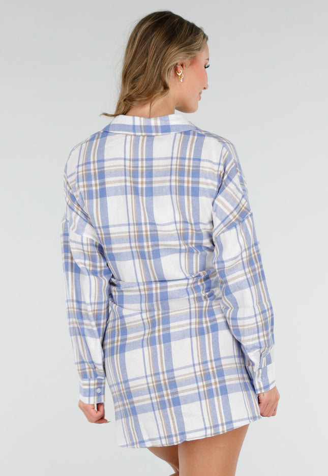 NEW040226 Blauw Geruite Blouse Jurk