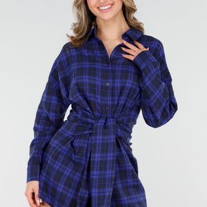 NEW040226 Blauwe Geruite Blouse Jurk