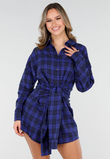 NEW040226 Blauwe Geruite Blouse Jurk