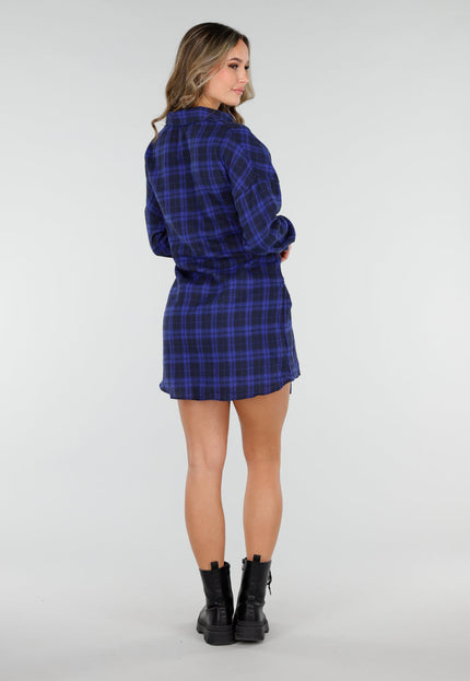 NEW040226 Blauwe Geruite Blouse Jurk