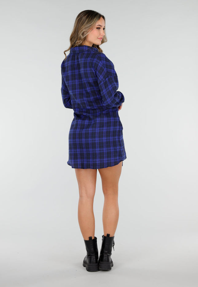 NEW040226 Blauwe Geruite Blouse Jurk