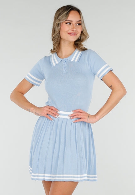 NEW040226 Blauwe Set met Polo Top en Plissé Rok