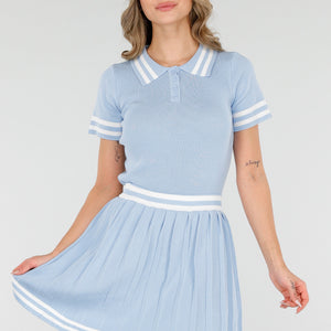 NEW040226 Blauwe Set met Polo Top en Plissé Rok