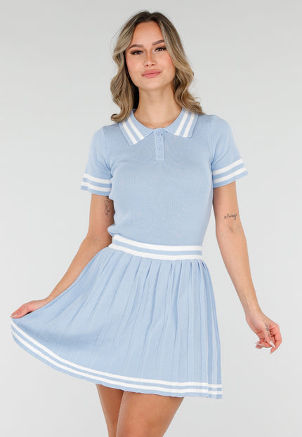 NEW040226 Blauwe Set met Polo Top en Plissé Rok