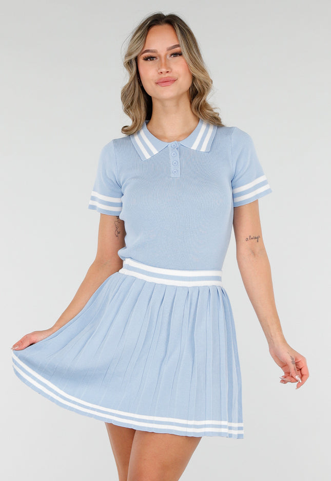 NEW040226 Blauwe Set met Polo Top en Plissé Rok