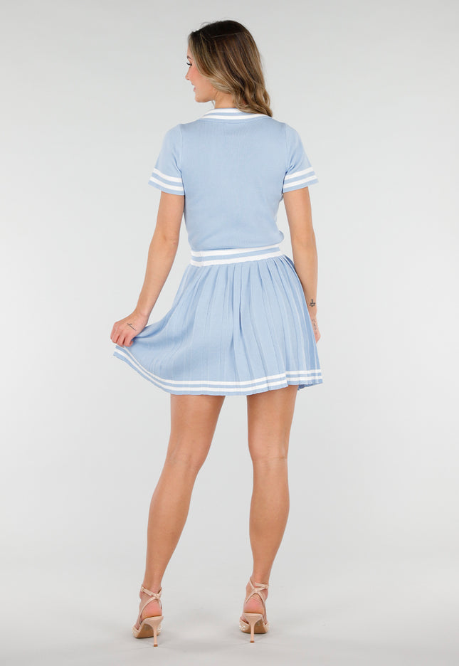 NEW040226 Blauwe Set met Polo Top en Plissé Rok