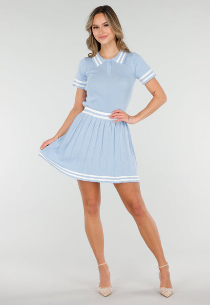NEW040226 Blauwe Set met Polo Top en Plissé Rok