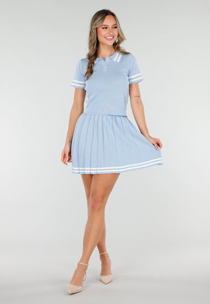 NEW040226 Blauwe Set met Polo Top en Plissé Rok