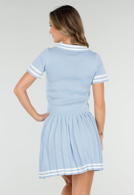 NEW040226 Blauwe Set met Polo Top en Plissé Rok