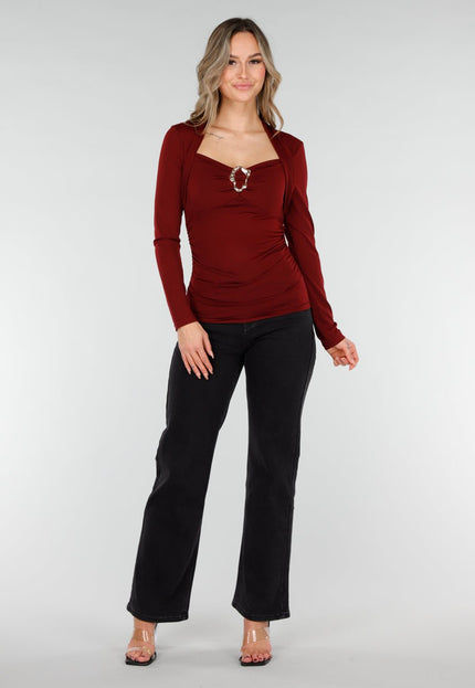 NEW040226 Bordeauxrode Top met Lange Mouwen