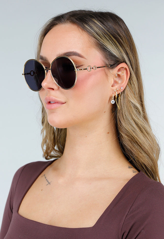 NEW040226 Goudkleurige Donkere Ronde Zonnebril