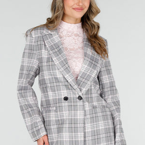 NEW040226 Grijze Geruite Blazer met Schoudervullingen