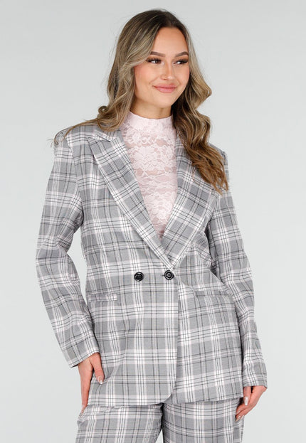 NEW040226 Grijze Geruite Blazer met Schoudervullingen