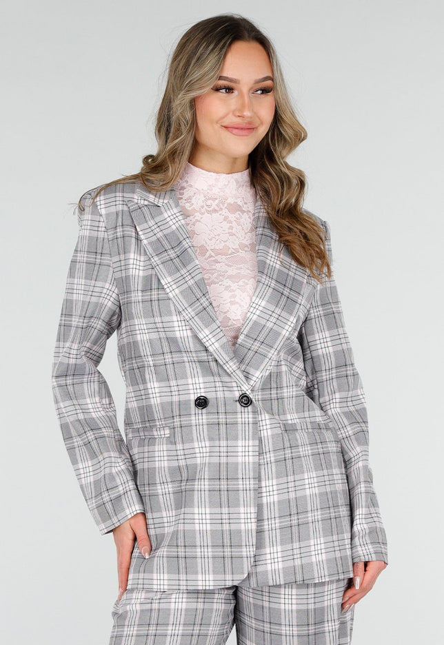 NEW040226 Grijze Geruite Blazer met Schoudervullingen