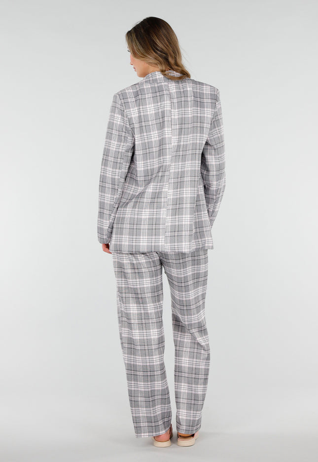 NEW040226 Grijze Geruite Blazer met Schoudervullingen