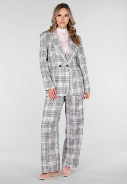 NEW040226 Grijze Geruite Blazer met Schoudervullingen