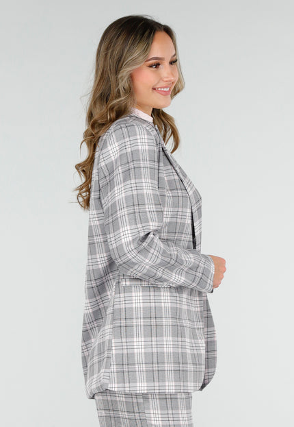 NEW040226 Grijze Geruite Blazer met Schoudervullingen