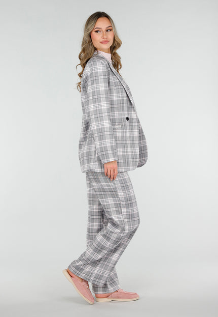 NEW040226 Grijze Geruite Blazer met Schoudervullingen