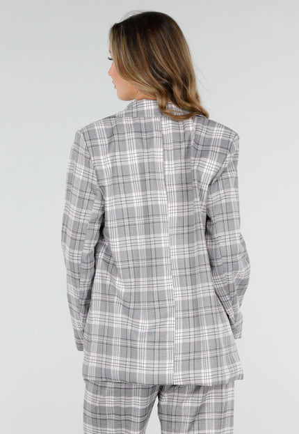 NEW040226 Grijze Geruite Blazer met Schoudervullingen