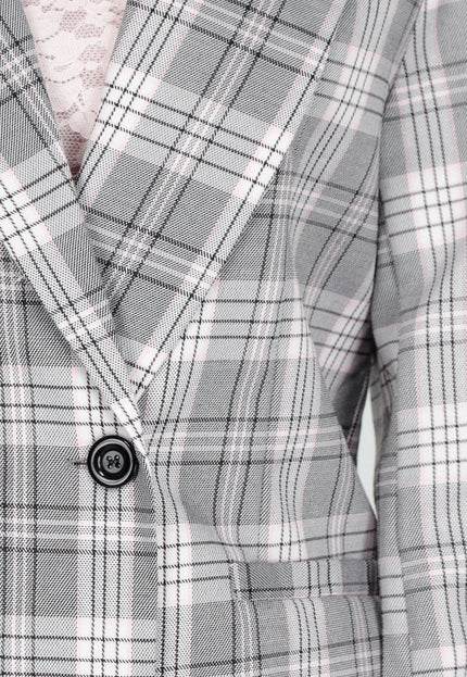 NEW040226 Grijze Geruite Blazer met Schoudervullingen