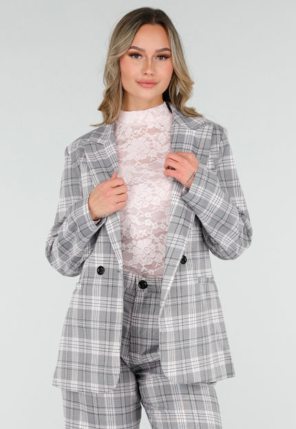 NEW040226 Grijze Geruite Blazer met Schoudervullingen