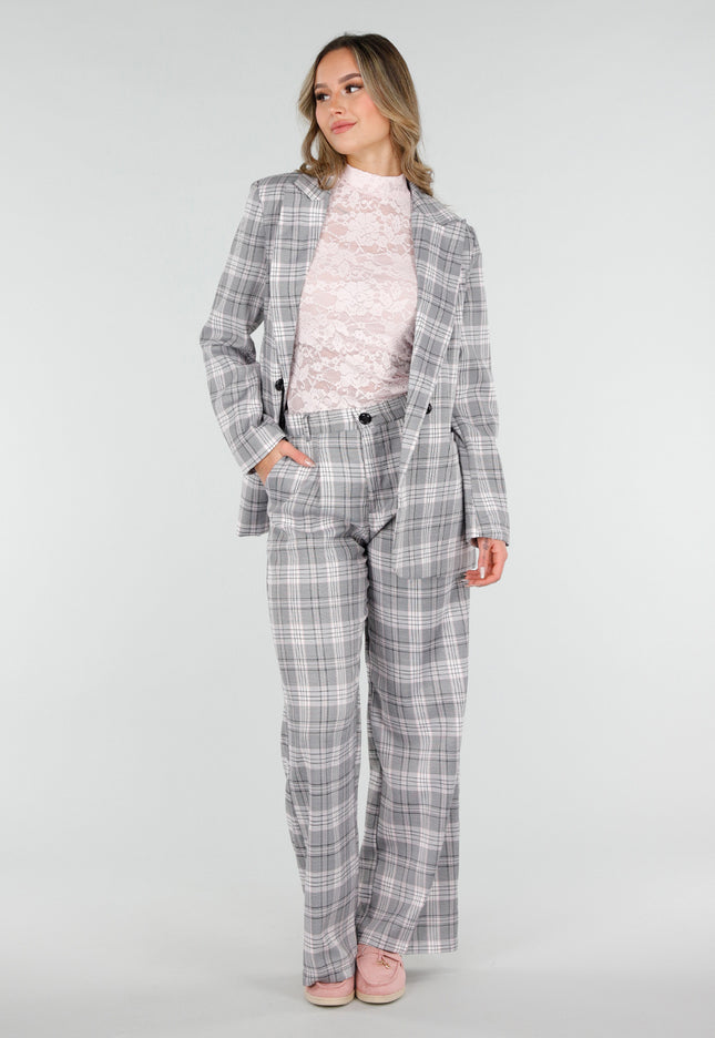 NEW040226 Grijze Geruite Pantalon Straight Leg