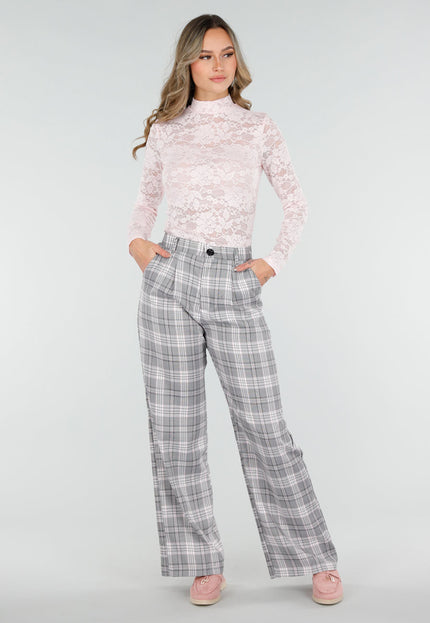 NEW040226 Grijze Geruite Pantalon Straight Leg