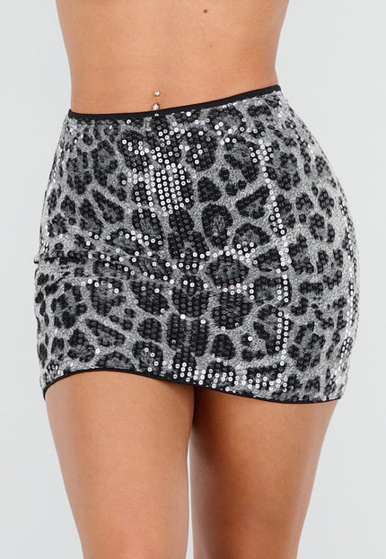 NEW040226 Korte Grijze Panterprint Rok met Pailletten