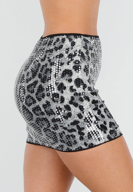 NEW040226 Korte Grijze Panterprint Rok met Pailletten