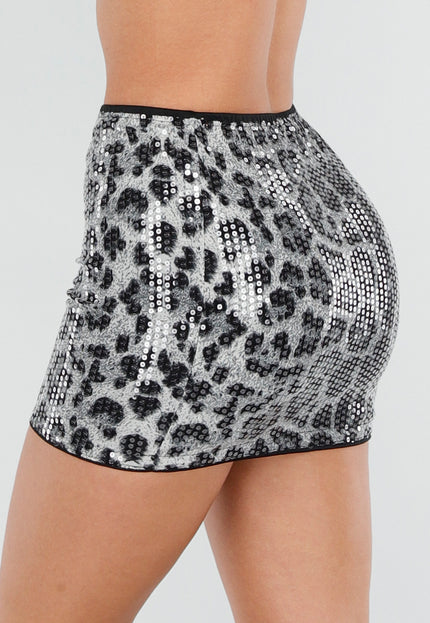 NEW040226 Korte Grijze Panterprint Rok met Pailletten