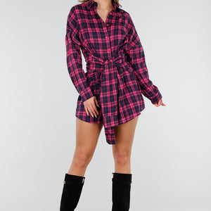 NEW040226 Roze Geruite Blouse Jurk