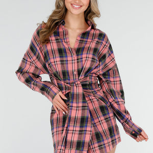 NEW040226 Roze Geruite Blouse Jurk