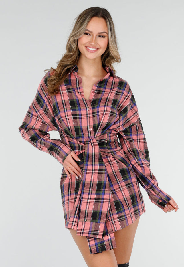 NEW040226 Roze Geruite Blouse Jurk