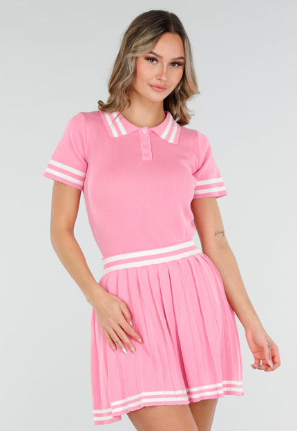 NEW040226 Roze Set met Polo Top en Plissé Rok