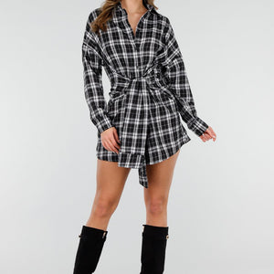 NEW040226 Zwart Witte Geruite Blouse Jurk