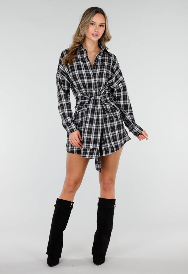 NEW040226 Zwart Witte Geruite Blouse Jurk