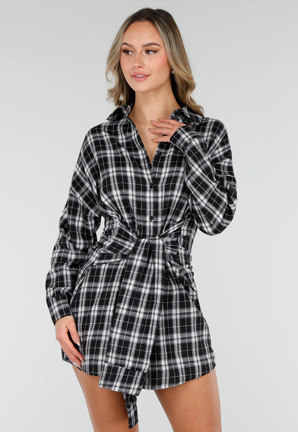 NEW040226 Zwart Witte Geruite Blouse Jurk