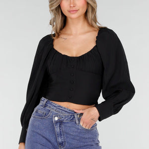 NEW040226 Zwarte Blouse met Lange Mouwen